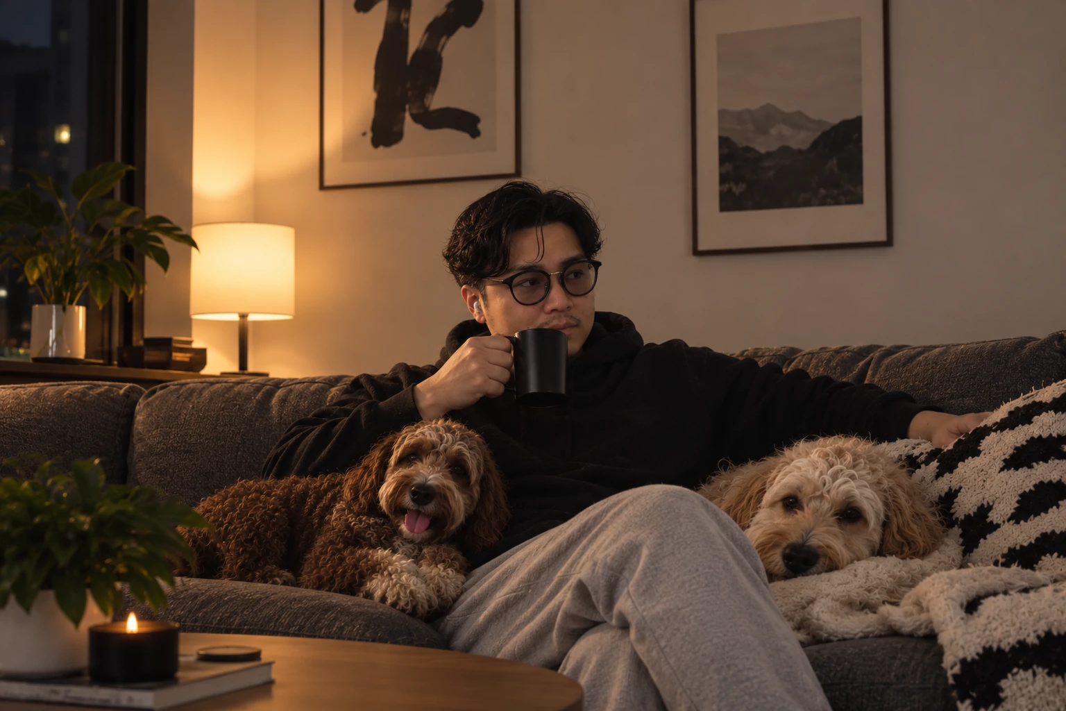 Leo relaxing on a sofa at night with two dogs